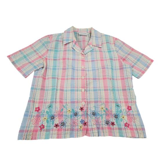 Vintage Alfred Dunner 90's Plaid Rainbow Embroidery SS  Button Down Shirt 10P - Picture 1 of 6